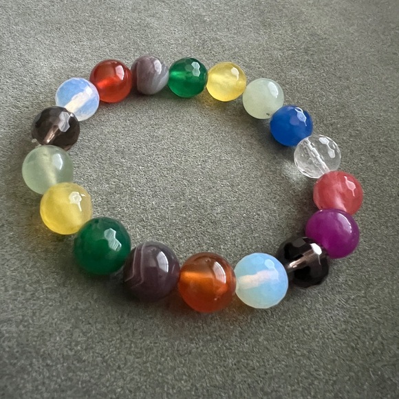 Semiprecious gemstone rainbow round bead chunky bauble beaded stacking bracelet - Picture 6 of 17